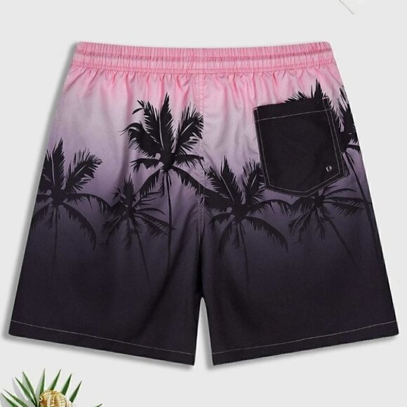 Black & Pink Vacation Style Men's Coconut Tree Print Swim Trunks - Picture 2 of 3